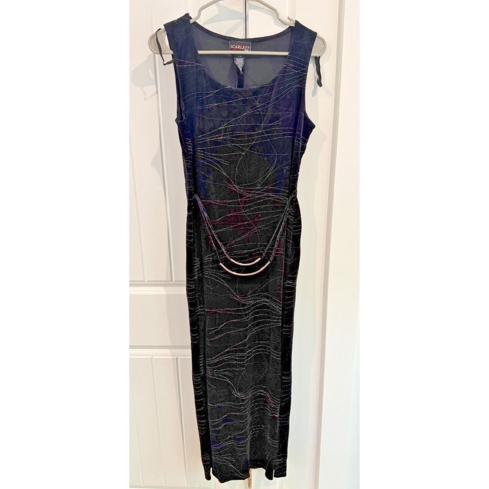 Scarlett 2000 Women's Velvet Belted Dress Black w/Silver - Size 9/10